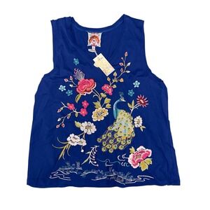 Johnny Was XXL Celina Blue Embroidered Peacock Raw Edge V-Neck Tank‎ NWT